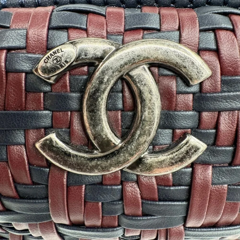 Chanel Navy and‎ Burgundy Woven Leather 2-way Bowler Bag Series 21 Authentic CoA